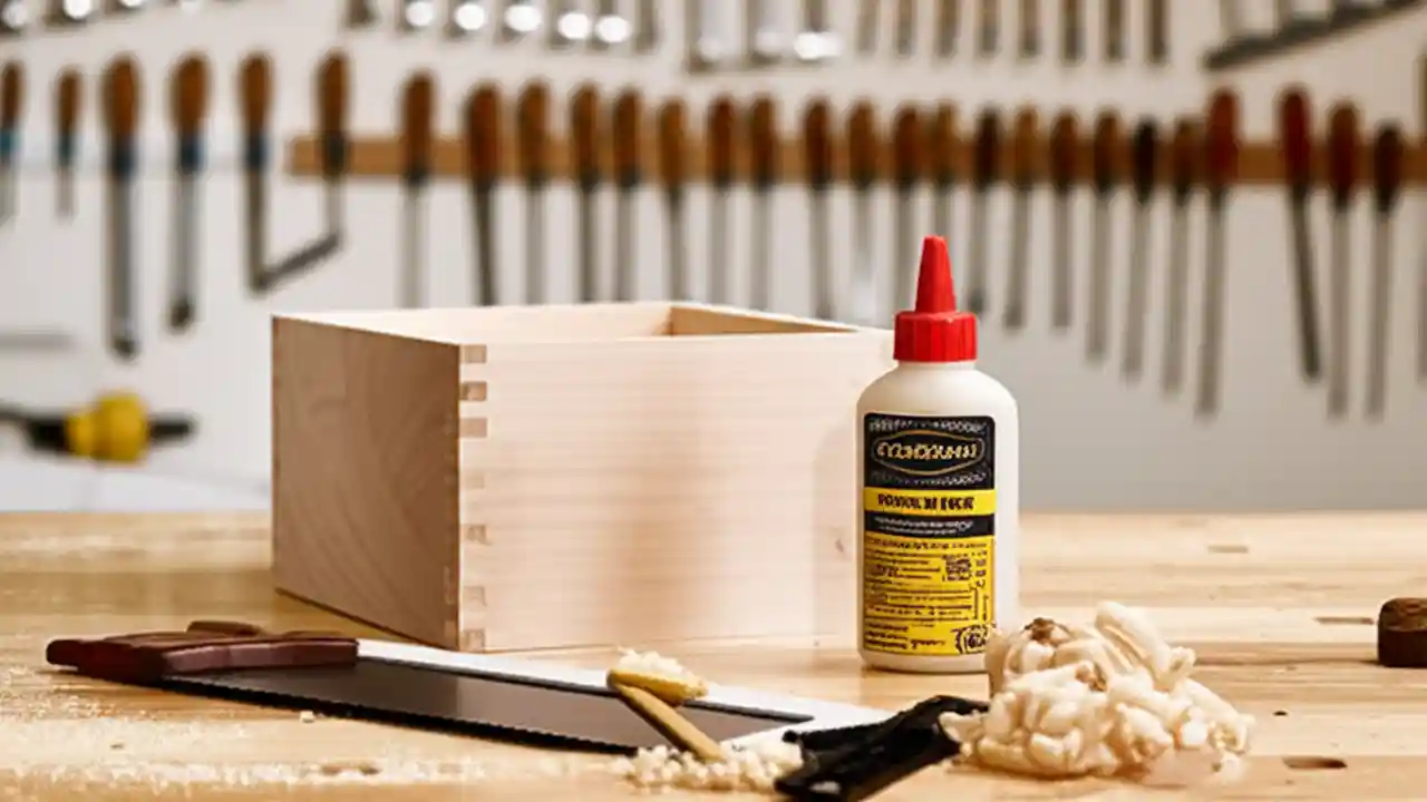 A workbench with essential woodworking tools like a saw and square next to a simple, unfinished wooden box, illustrating a beginner's first project.