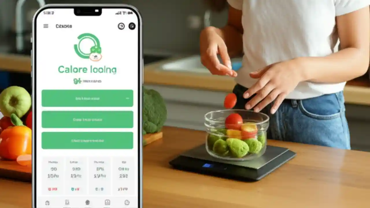 A person accurately measuring ingredients on a food scale, with a calorie tracking app open on a smartphone, symbolizing precise and informed nutrition.