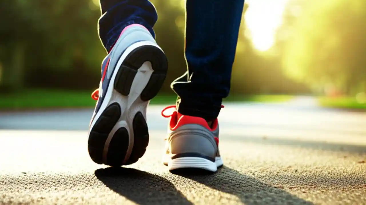 A pair of walking shoes on a park path at sunrise, symbolizing the mental and physical benefits of starting the day with a morning walk.