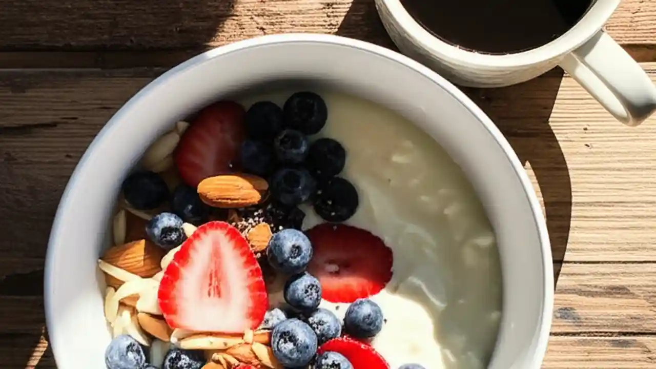 A top-down view of a delicious and healthy breakfast bowl filled with Greek yogurt, fresh blueberries, strawberries, and almonds, designed for weight management.