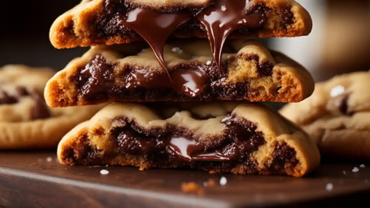 A stack of the best classic chocolate chip cookies, with one broken in half to show a chewy, gooey center with melted chocolate.