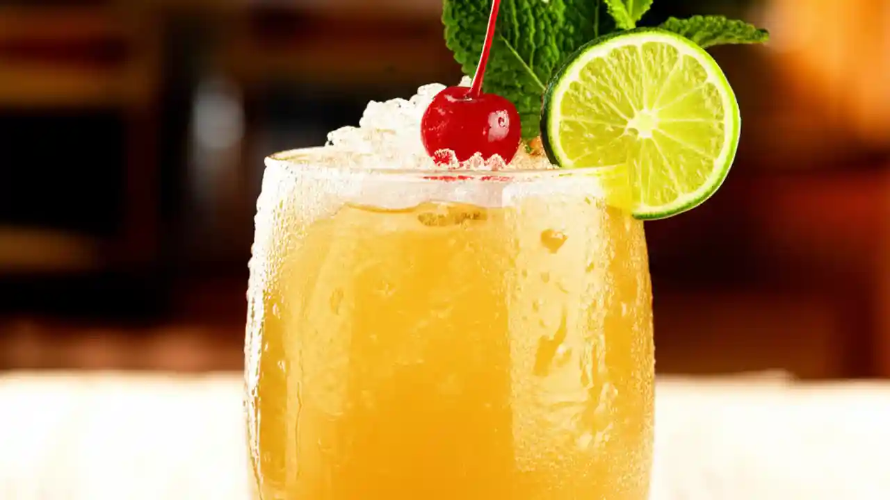 A close-up of a perfectly garnished Mai Tai mocktail in a chilled glass, ready to be enjoyed.