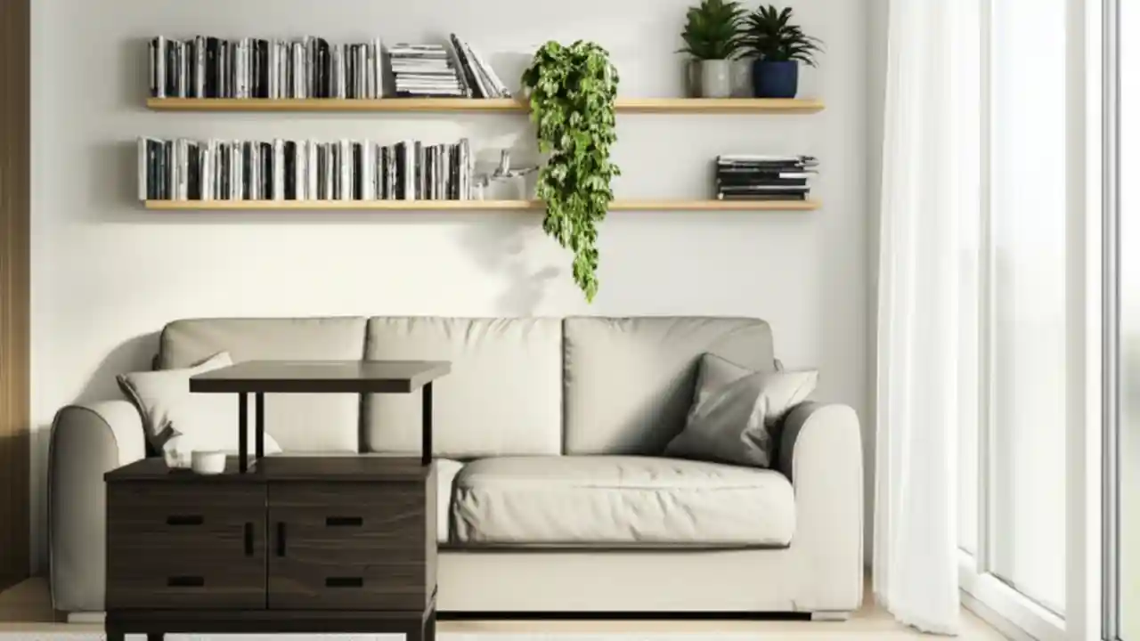 A beautifully organized small living room with a light gray sofa, floating shelves, and a lift-top coffee table, showcasing effective small space strategies.