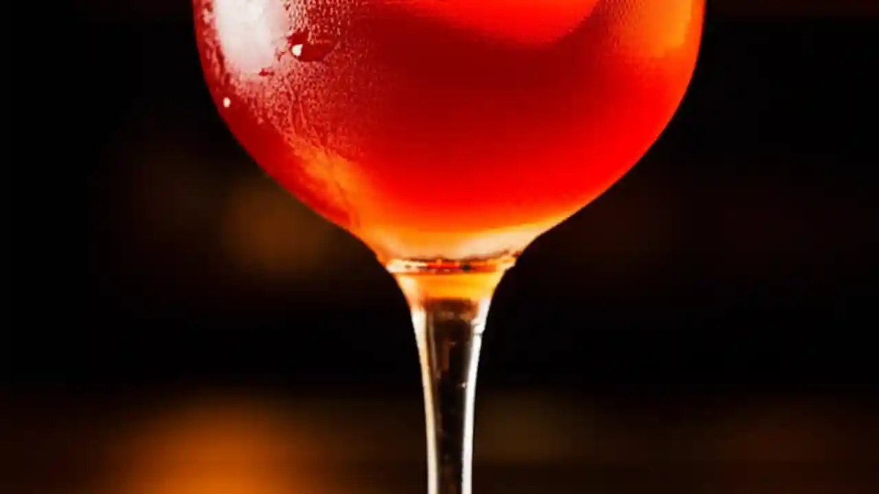 A close-up of the Best Trinidad Sour Cocktail Recipe served in a chilled coupe glass with a fresh lemon twist garnish on a dark surface.