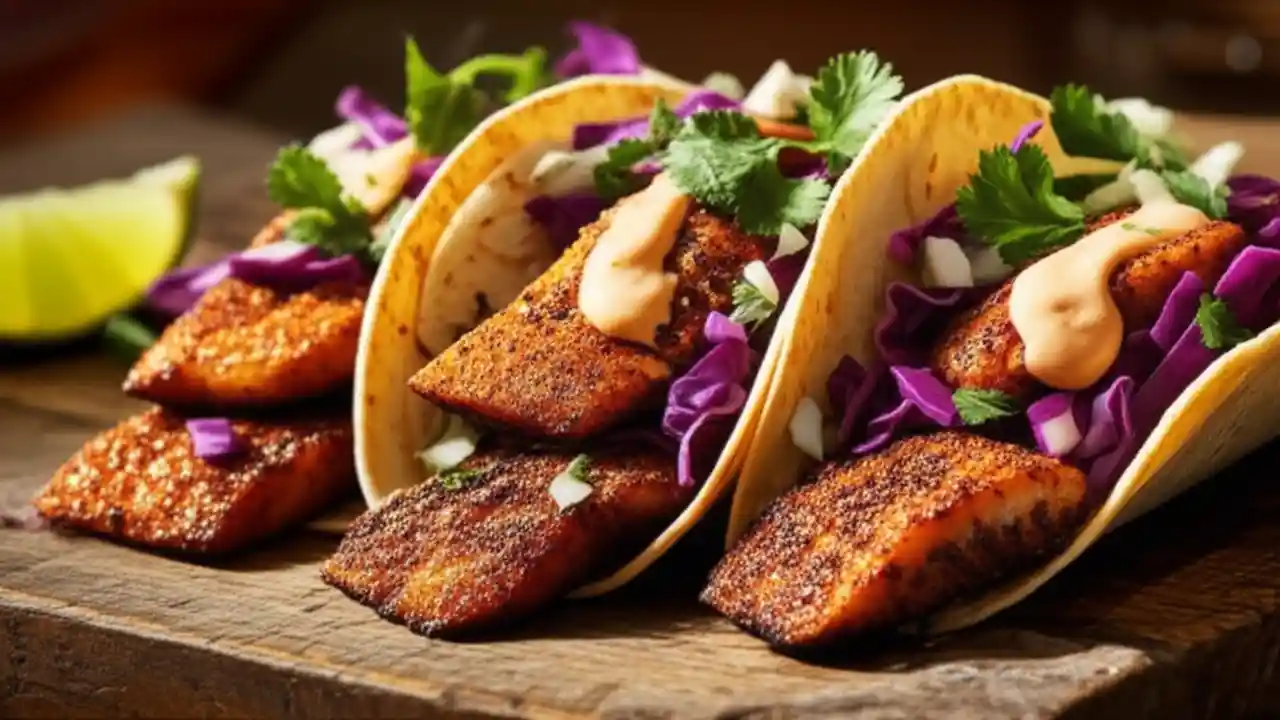 Three perfectly cooked blackened fish tacos loaded with colorful slaw and chipotle crema on a rustic wooden serving board.