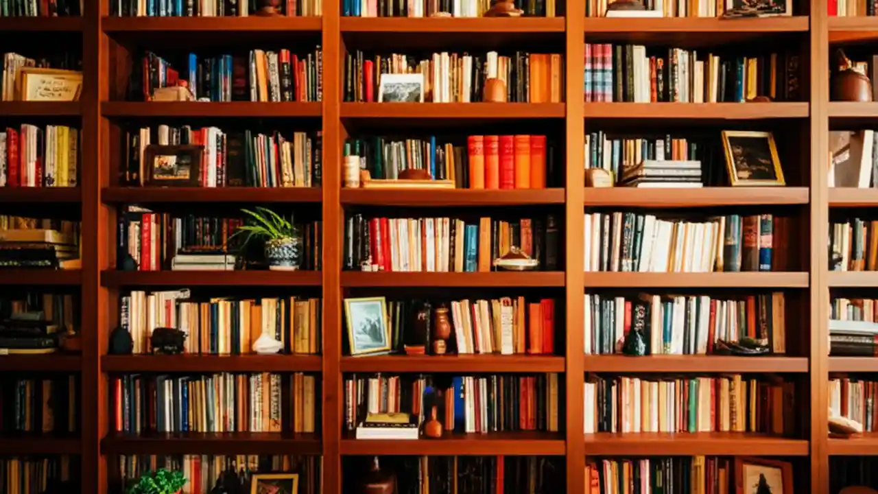 A tidy, aesthetically pleasing bookshelf organized by size and height, with decorative plants and photos mixed in with the books.