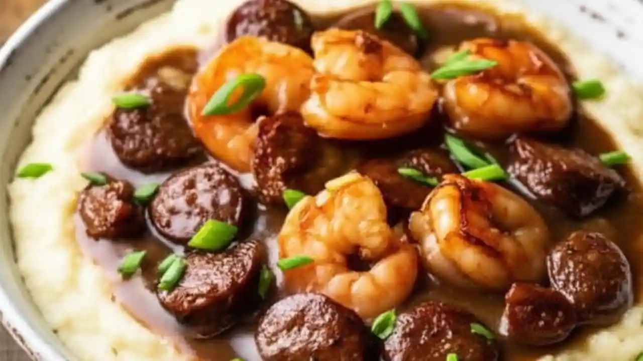 A close-up bowl of creamy shrimp and grits with sausage gravy and fresh green onions, showcasing the perfect homemade Southern recipe.