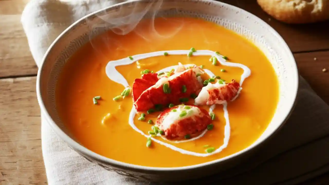 A close-up of a bowl of rich, orange Delicious Lobster Bisque, garnished with lobster meat and chives, on a rustic table.