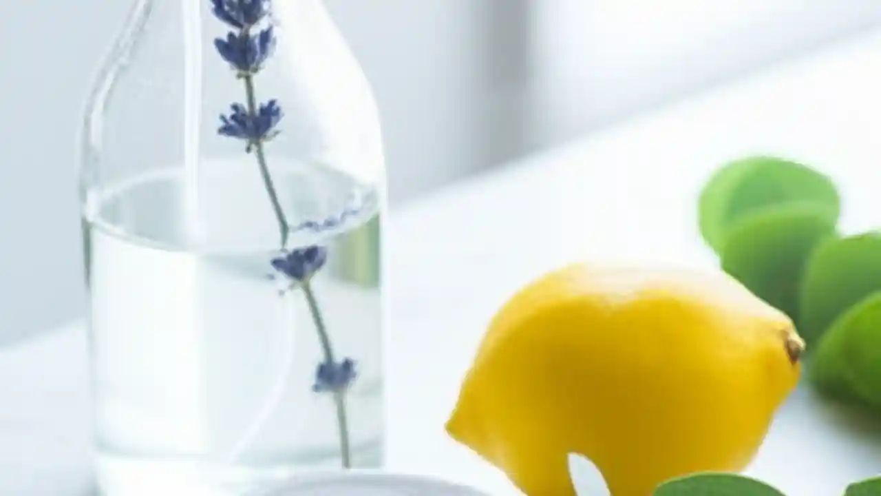 Glass spray bottle with lavender next to a bowl of baking soda and a lemon, representing ingredients for DIY cleaning supplies.