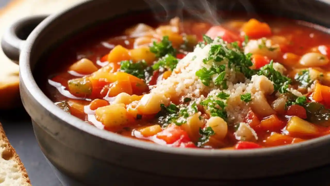 A close-up shot of a bowl of easy homemade minestrone soup, filled with vegetables, beans, and pasta, topped with Parmesan cheese.