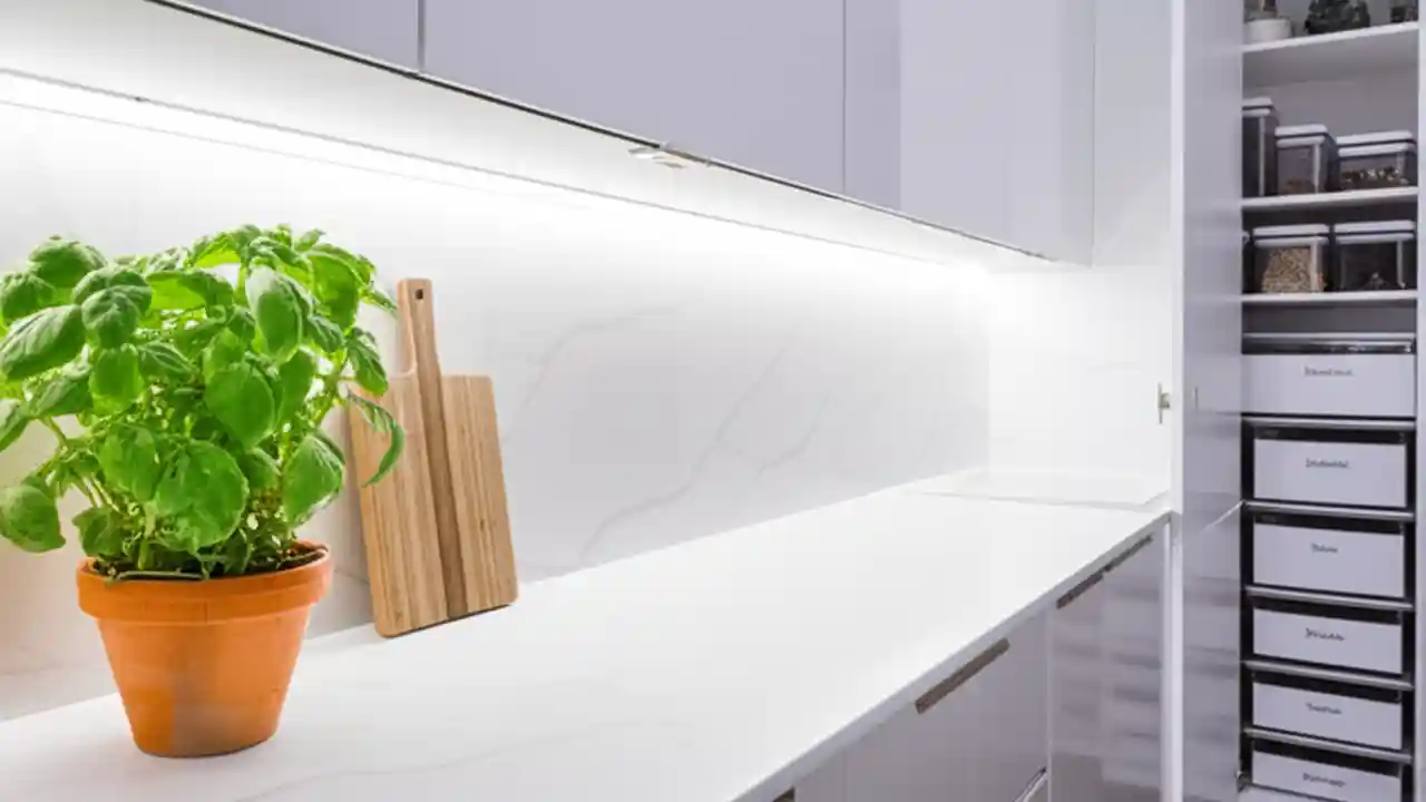 A brightly lit and functional modern kitchen with clean countertops, organized shelving, and a clear workflow from sink to stove.
