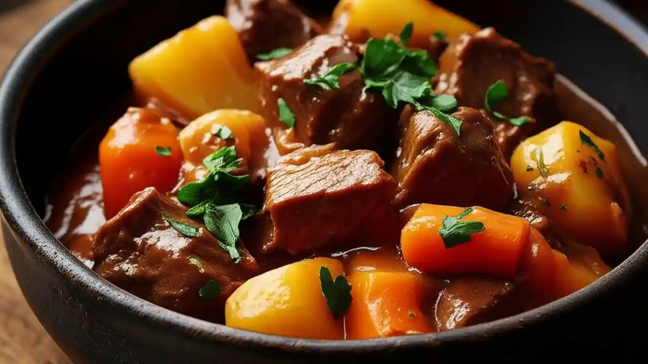 A close-up of a bowl of hearty beef and vegetable stew, featuring tender beef chunks, carrots, and potatoes in a rich, dark gravy.