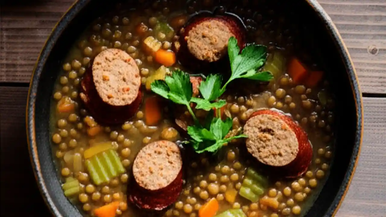 A close-up shot of a ceramic bowl filled with hearty lentil and sausage soup, garnished with fresh parsley, sitting on a wooden table.