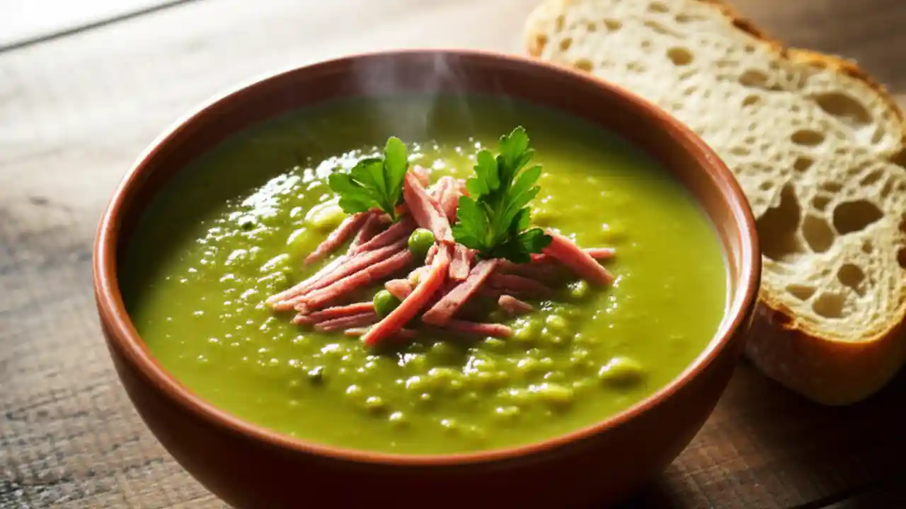 A close-up of a steaming bowl of homemade hearty split pea soup with ham and fresh parsley, served with a side of crusty bread.