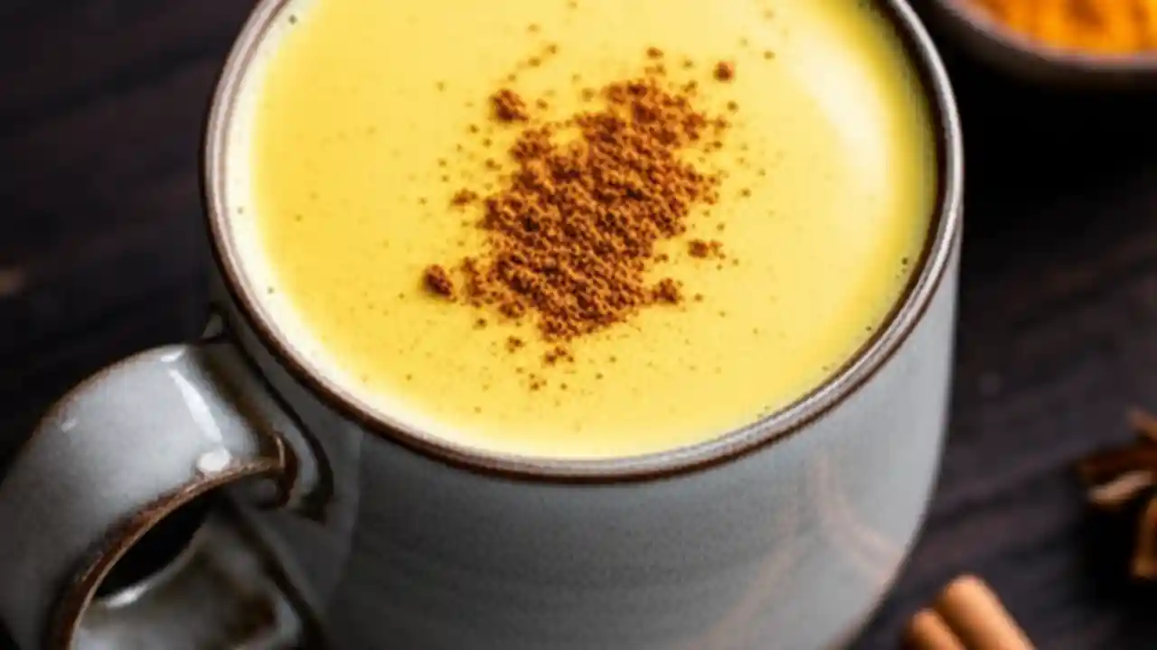 A warm, steaming mug of homemade golden milk, also known as a turmeric latte, garnished with a sprinkle of cinnamon, ready to drink.