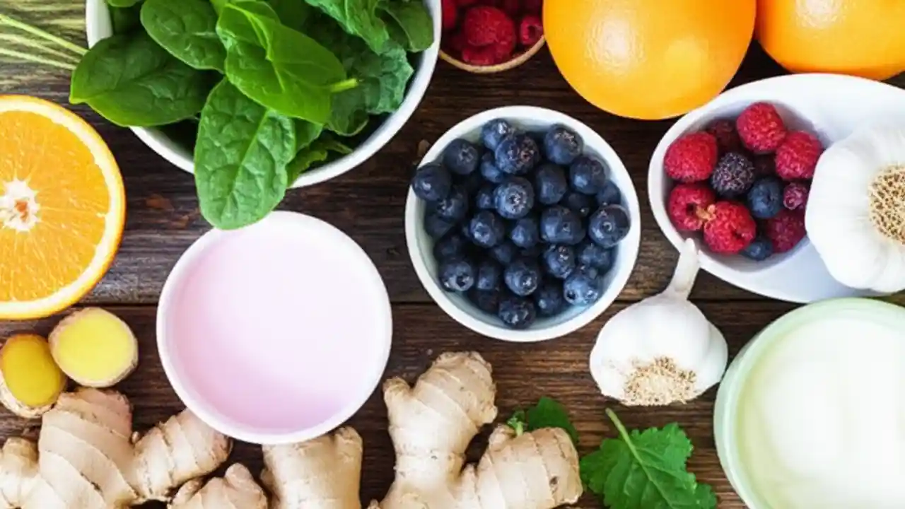 A colorful flat lay of various fresh foods including citrus fruits, berries, leafy green vegetables, garlic, ginger, nuts, and yogurt, all known for boosting immune health.