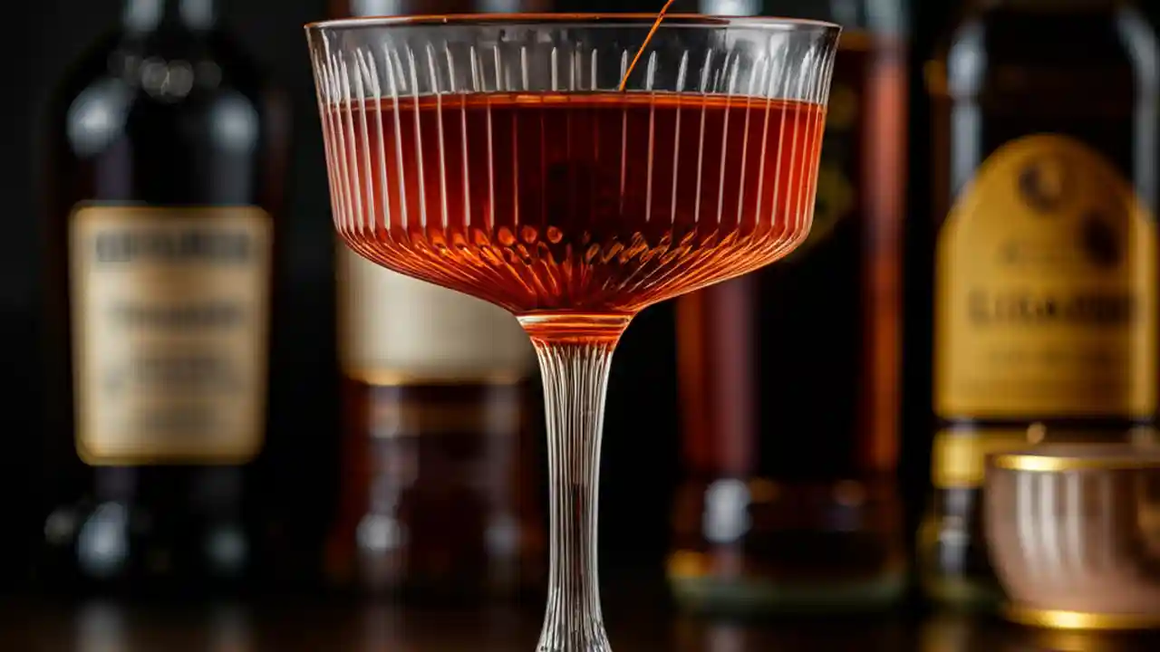 A perfectly stirred Manhattan cocktail in a chilled coupe glass, garnished with a single maraschino cherry on a dark background.
