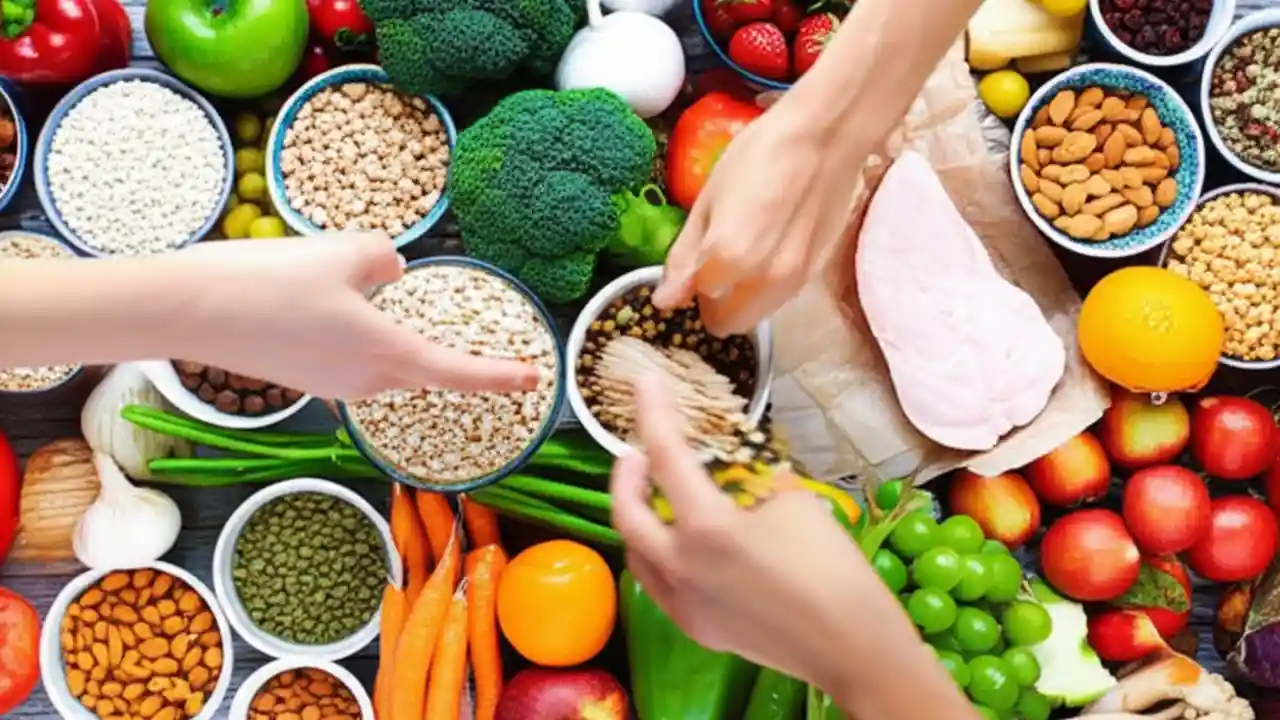 A colorful array of fresh fruits, vegetables, whole grains, and nuts symbolizing healthy eating and a reduction in processed food intake.