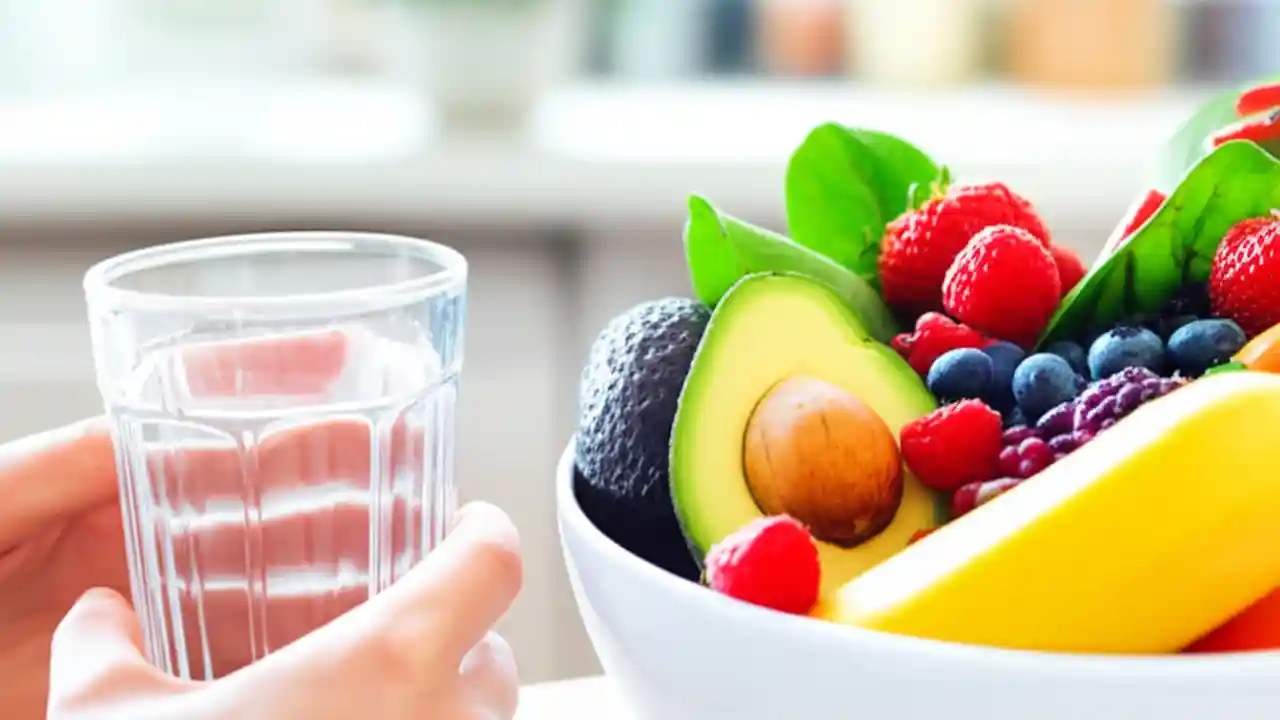 Person holding a glass of water next to a bowl of fresh fruits and vegetables, symbolizing natural ways to improve gut health.