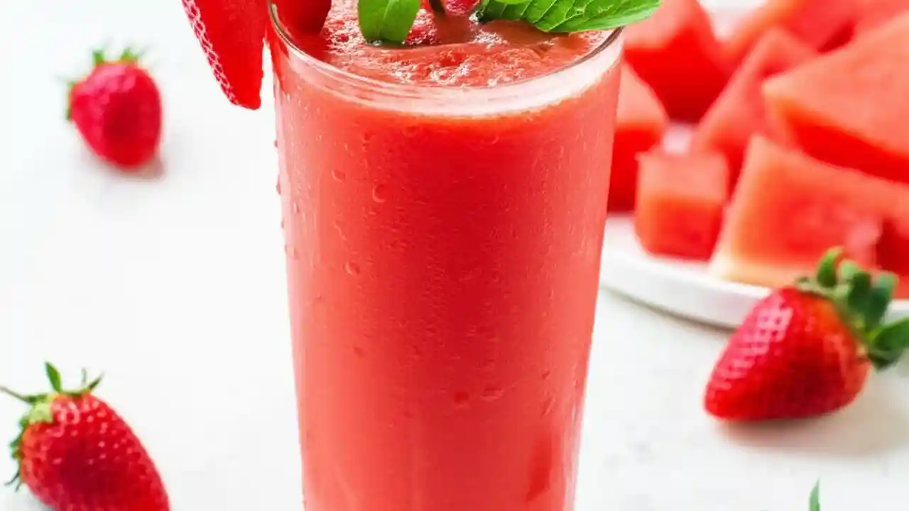 A tall glass of vibrant red strawberry watermelon smoothie, garnished with mint and a strawberry, on a counter with fresh fruit.