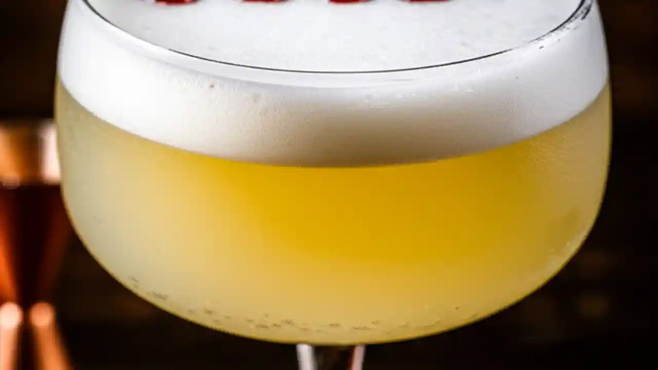 A perfectly made Pisco Sour in a coupe glass, showcasing a thick white foam top garnished with three drops of bitters.