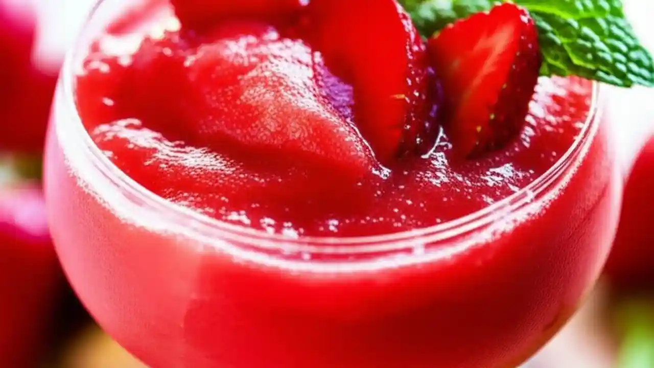 A glass of vibrant red Virgin Strawberry Daiquiri with fresh strawberry and mint garnish.