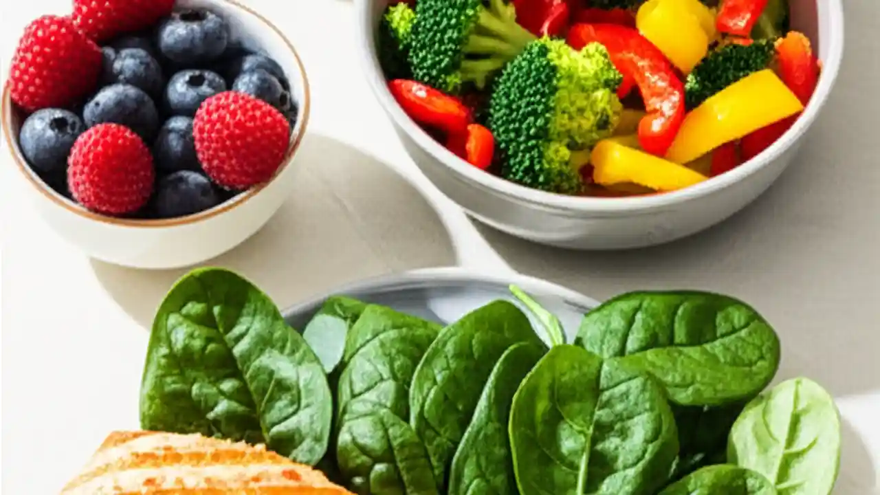 A visually appealing flat lay of a Zone Diet meal featuring grilled salmon, vibrant mixed vegetables, berries, and olive oil, illustrating balanced macronutrients.